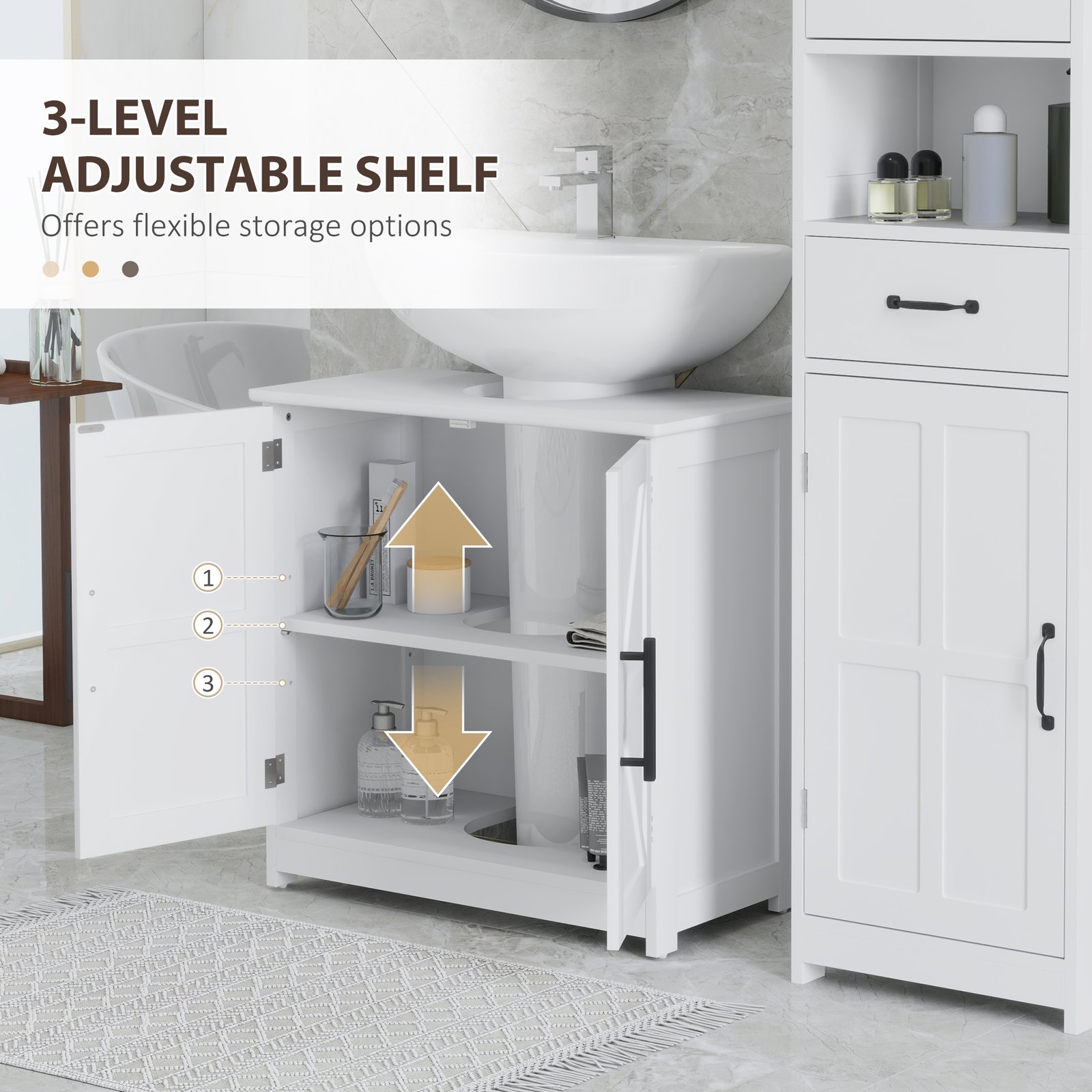 Farmhouse Pedestal Sink Storage Cabinet, Bathroom Sink Cabinet with 2 Barn Doors and Adjustable Shelf, White - Image 3