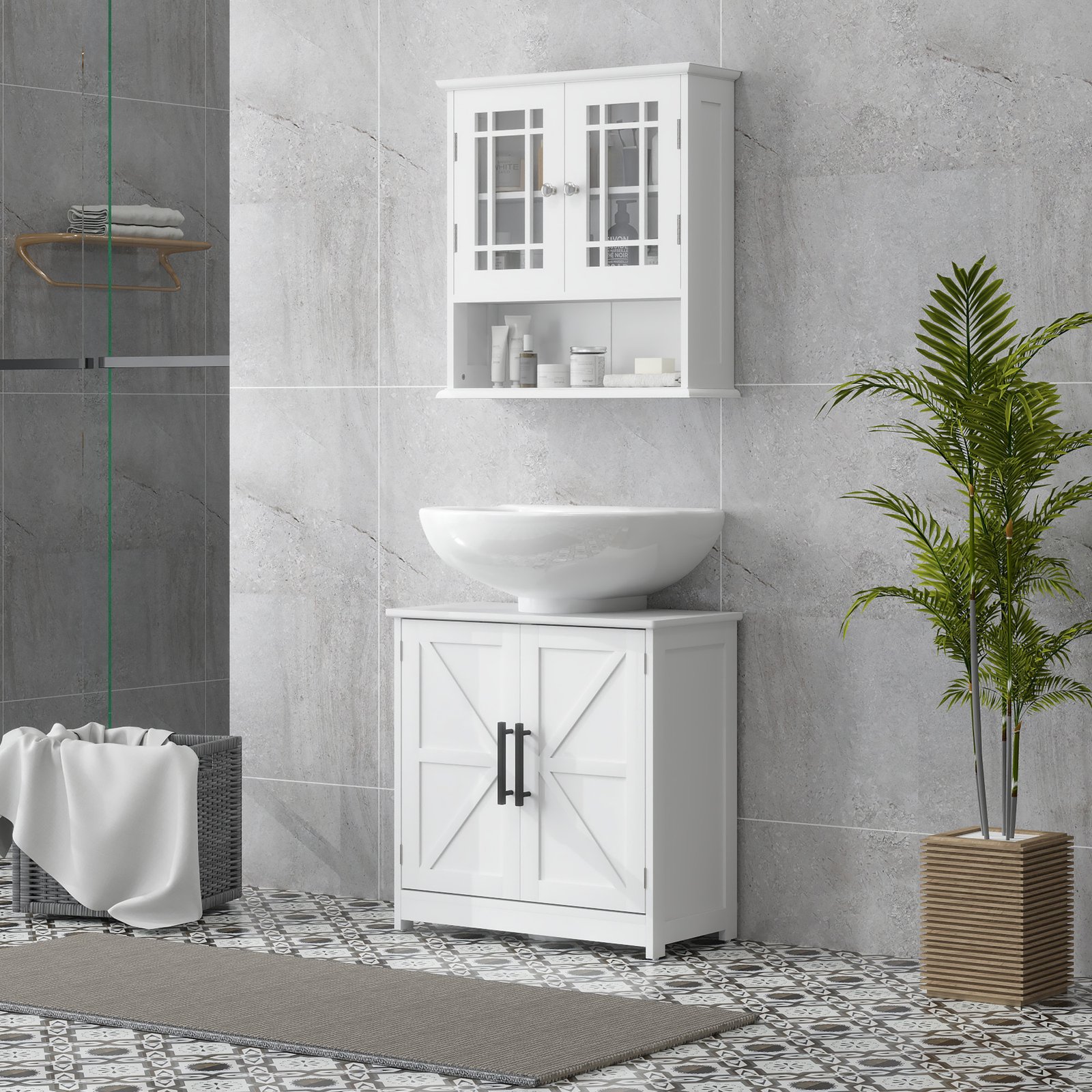 Farmhouse Pedestal Sink Storage Cabinet, Bathroom Sink Cabinet with 2 Barn Doors and Adjustable Shelf, White - Image 4