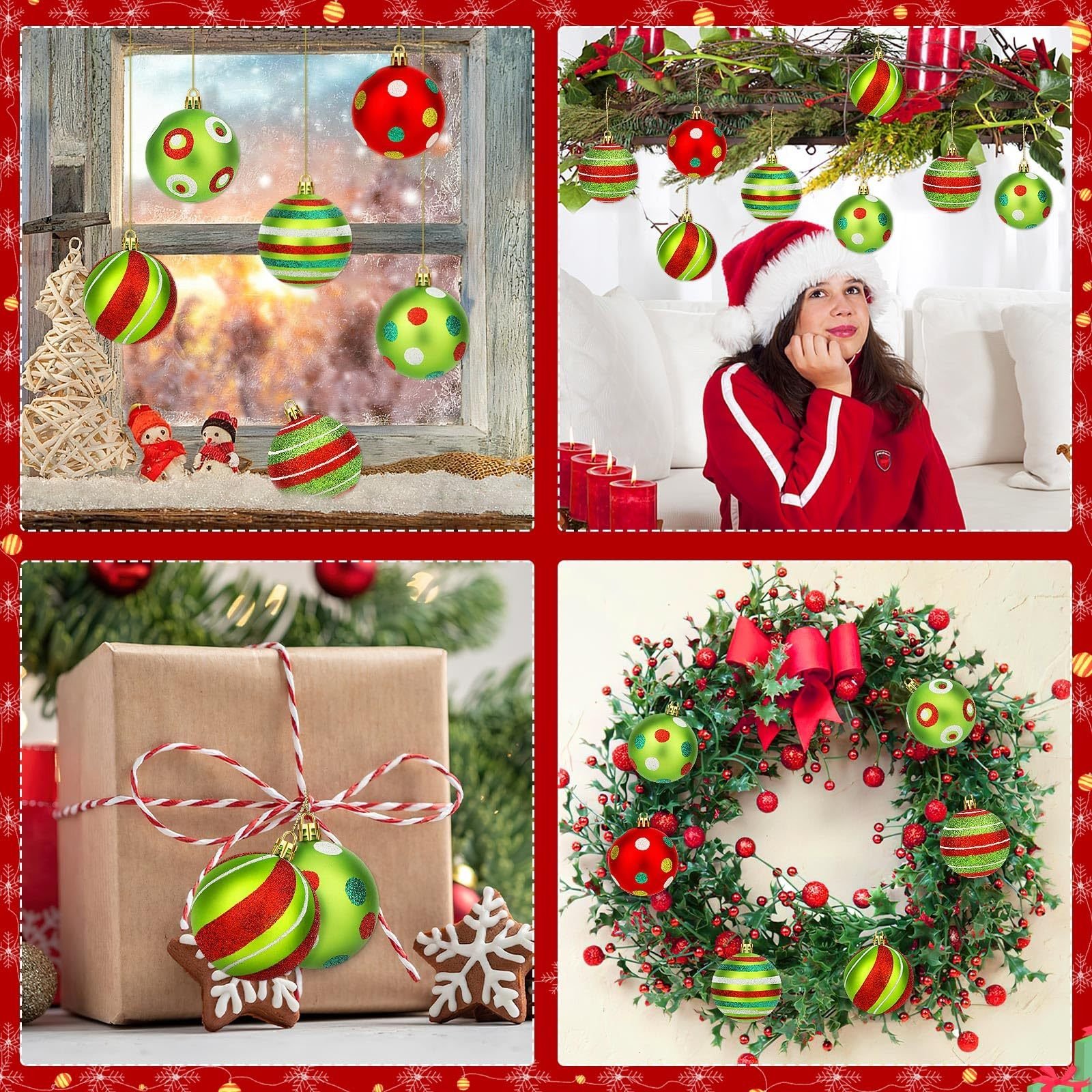 24PCS Christmas Ball Ornaments, Hanging Balls Red And Green Christmas Tree Pendants For Xmas Tree Home Decor Party Holiday Wedding Anniversary DIY Craft Decor Supplies - Image 3