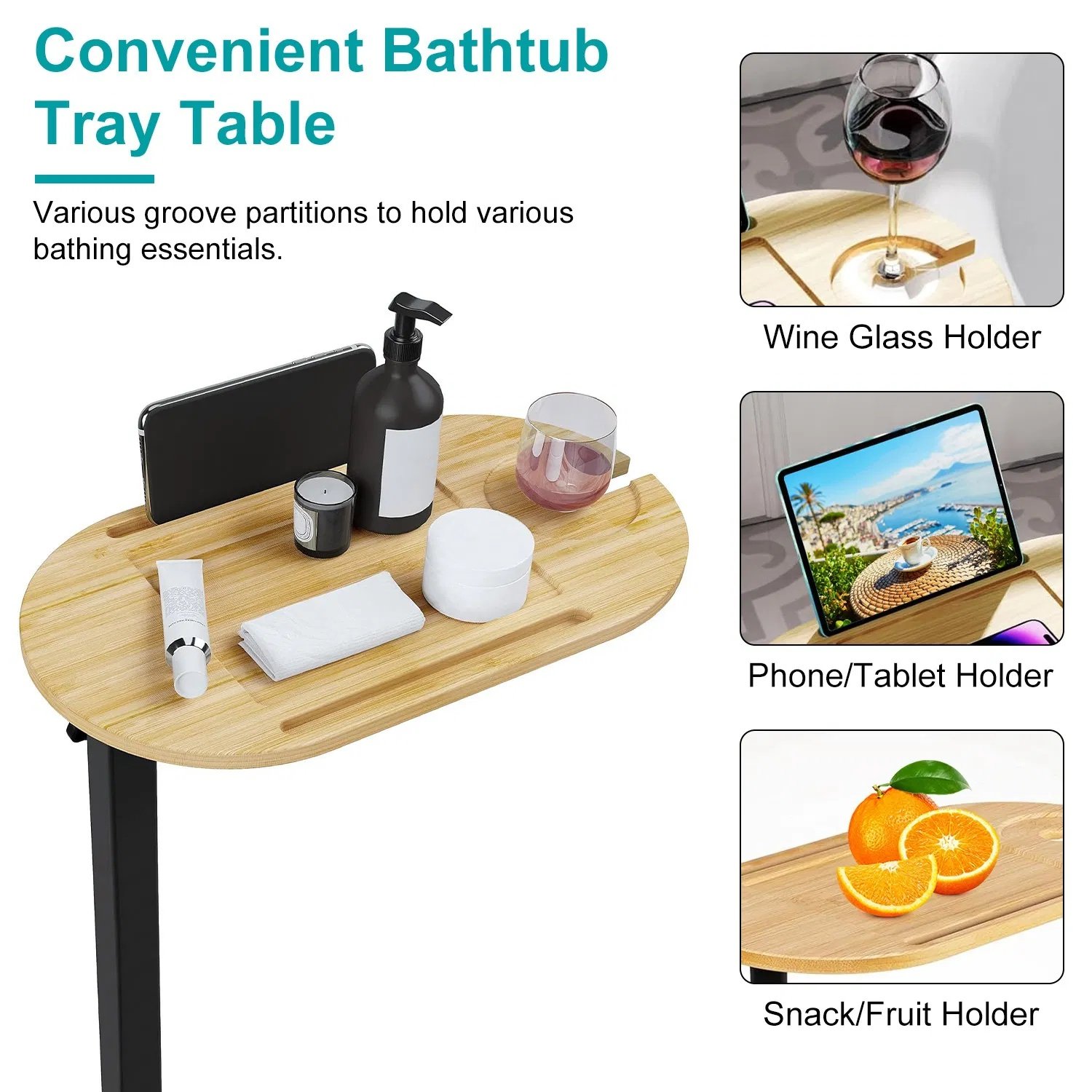 Bath Tub Tray Table, Liftable Freestanding Bamboo Bath Tray Caddy For Tub Against Wall, Bath Table Tray Tub Shelf Bathroom Organizer Shelf For Luxury Spa, Bath Home Spa Bathtub Accessories - Image 6