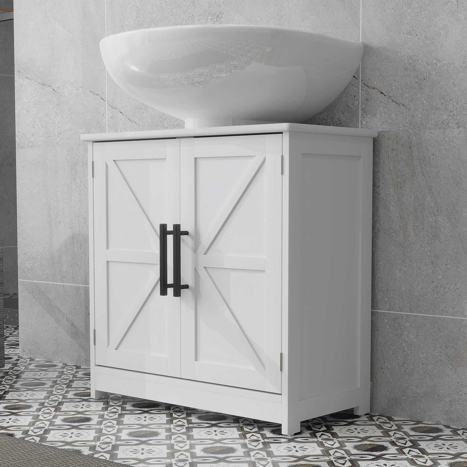 Farmhouse Pedestal Sink Storage Cabinet, Bathroom Sink Cabinet with 2 Barn Doors and Adjustable Shelf, White - Image 7