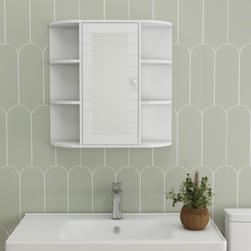 Wall-mounted Bathroom Cabinet With Mirrored Door, 6 Open Shelves, 3 Adjustable Bathroom Shelves Living Room Laundry Room Bedroom - White - Image 2