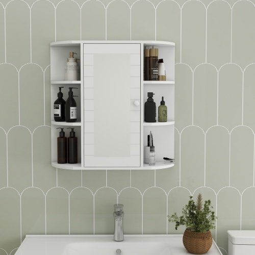 Wall-mounted Bathroom Cabinet With Mirrored Door, 6 Open Shelves, 3 Adjustable Bathroom Shelves Living Room Laundry Room Bedroom - White - Image 7