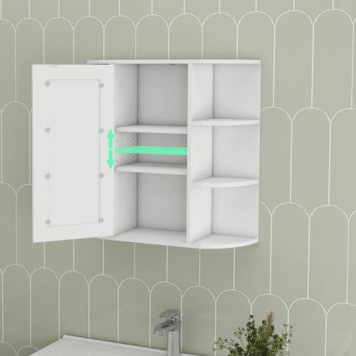 Wall-mounted Bathroom Cabinet With Mirrored Door, 6 Open Shelves, 3 Adjustable Bathroom Shelves Living Room Laundry Room Bedroom - White - Image 6