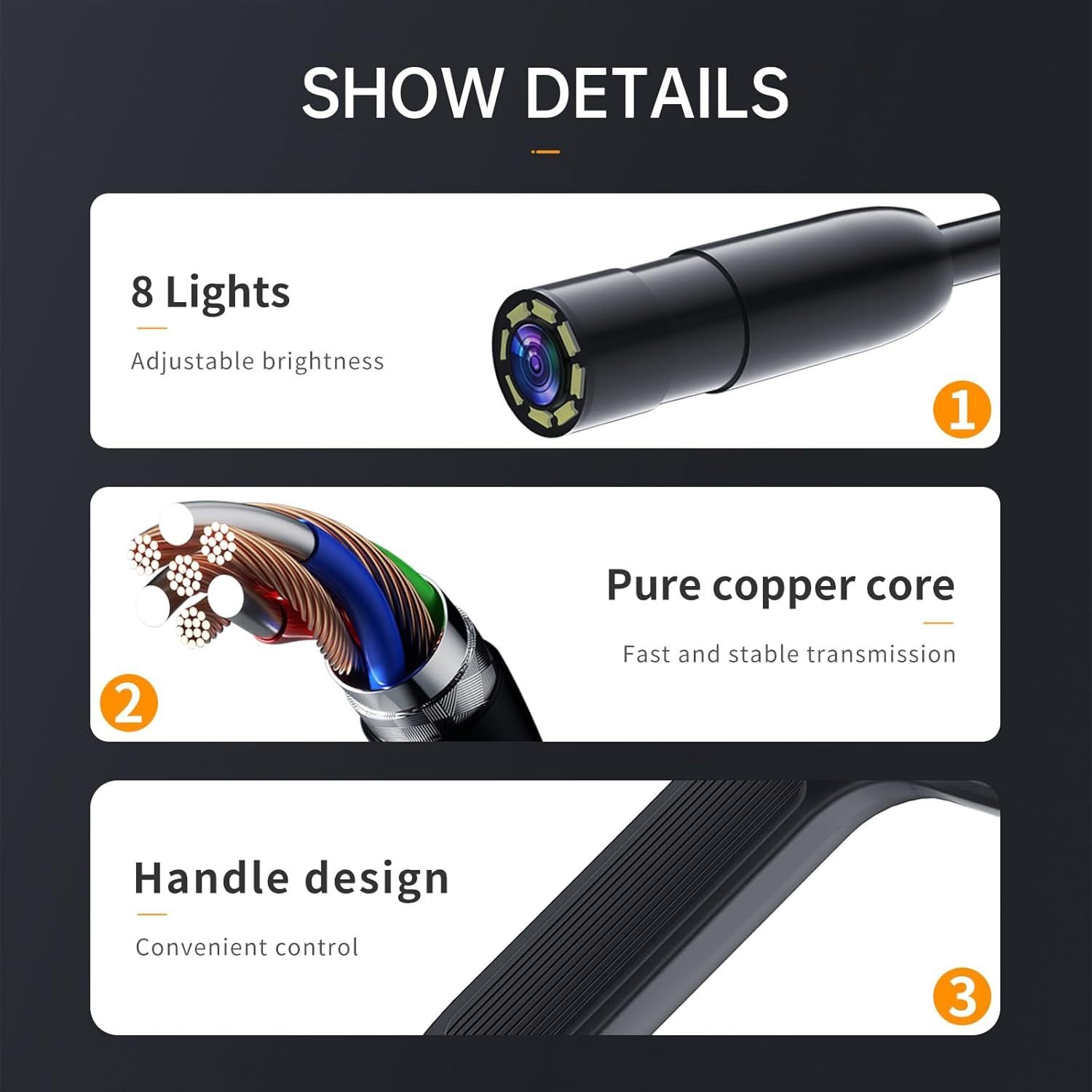 Borescope With Light, Industrial Endoscope Inspection Camera With Light - 2,5,10m Snake Camera For Automotive, Aircraft, And Pipe Inspection - Portable Boroscope With Led Lighting For Clear Visual In - Image 7