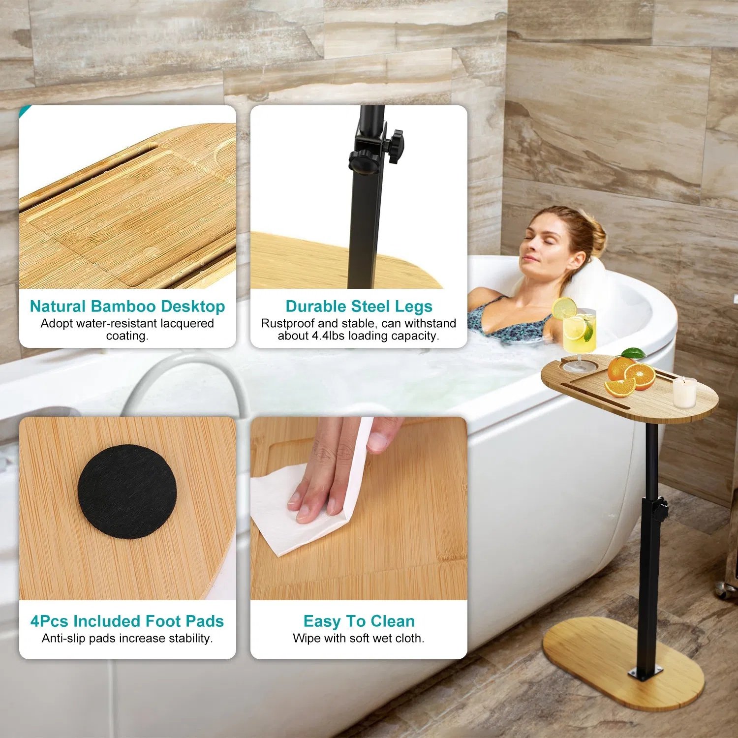 Bath Tub Tray Table, Liftable Freestanding Bamboo Bath Tray Caddy For Tub Against Wall, Bath Table Tray Tub Shelf Bathroom Organizer Shelf For Luxury Spa, Bath Home Spa Bathtub Accessories - Image 4