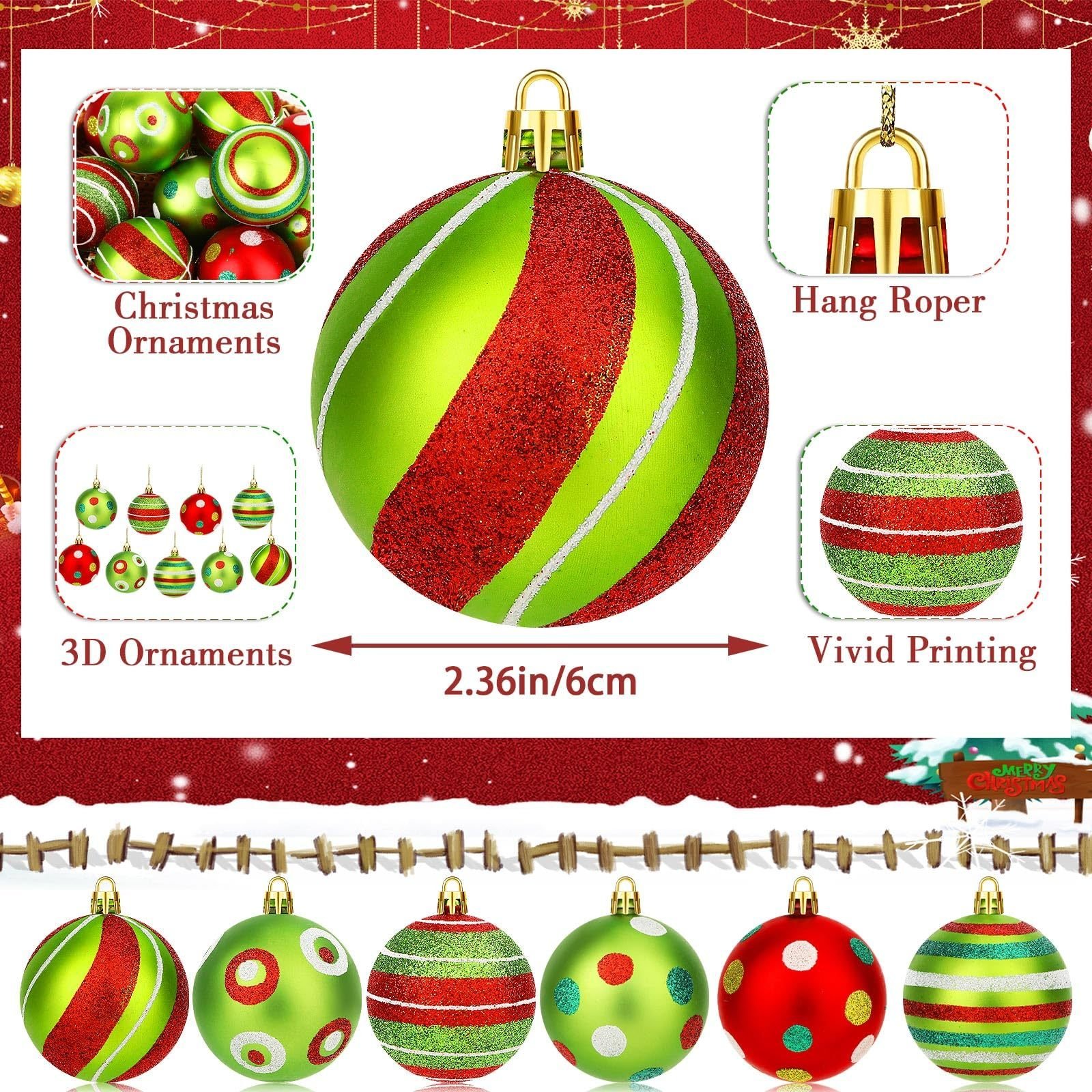 24PCS Christmas Ball Ornaments, Hanging Balls Red And Green Christmas Tree Pendants For Xmas Tree Home Decor Party Holiday Wedding Anniversary DIY Craft Decor Supplies - Image 4