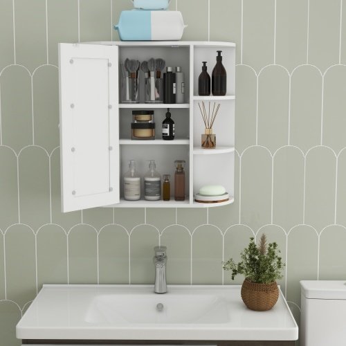 Wall-mounted Bathroom Cabinet With Mirrored Door, 6 Open Shelves, 3 Adjustable Bathroom Shelves Living Room Laundry Room Bedroom - White - Image 8