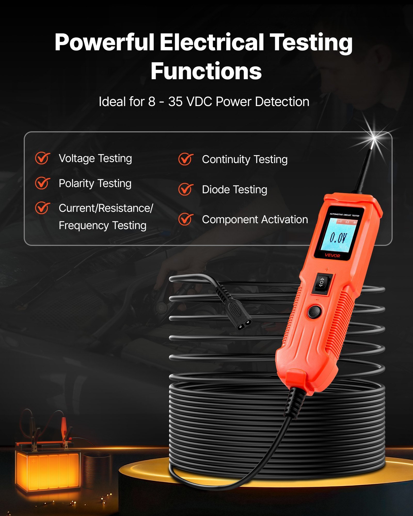 Automotive Circuit Tester, 8 - 35 DCV Power Circuit Probe Tester With TFT Color Display And Lighting, Automotive Power Tester Probe With 13 Ft / 4 M Cable, ABS Shell Electrical Detector Finder - Image 4