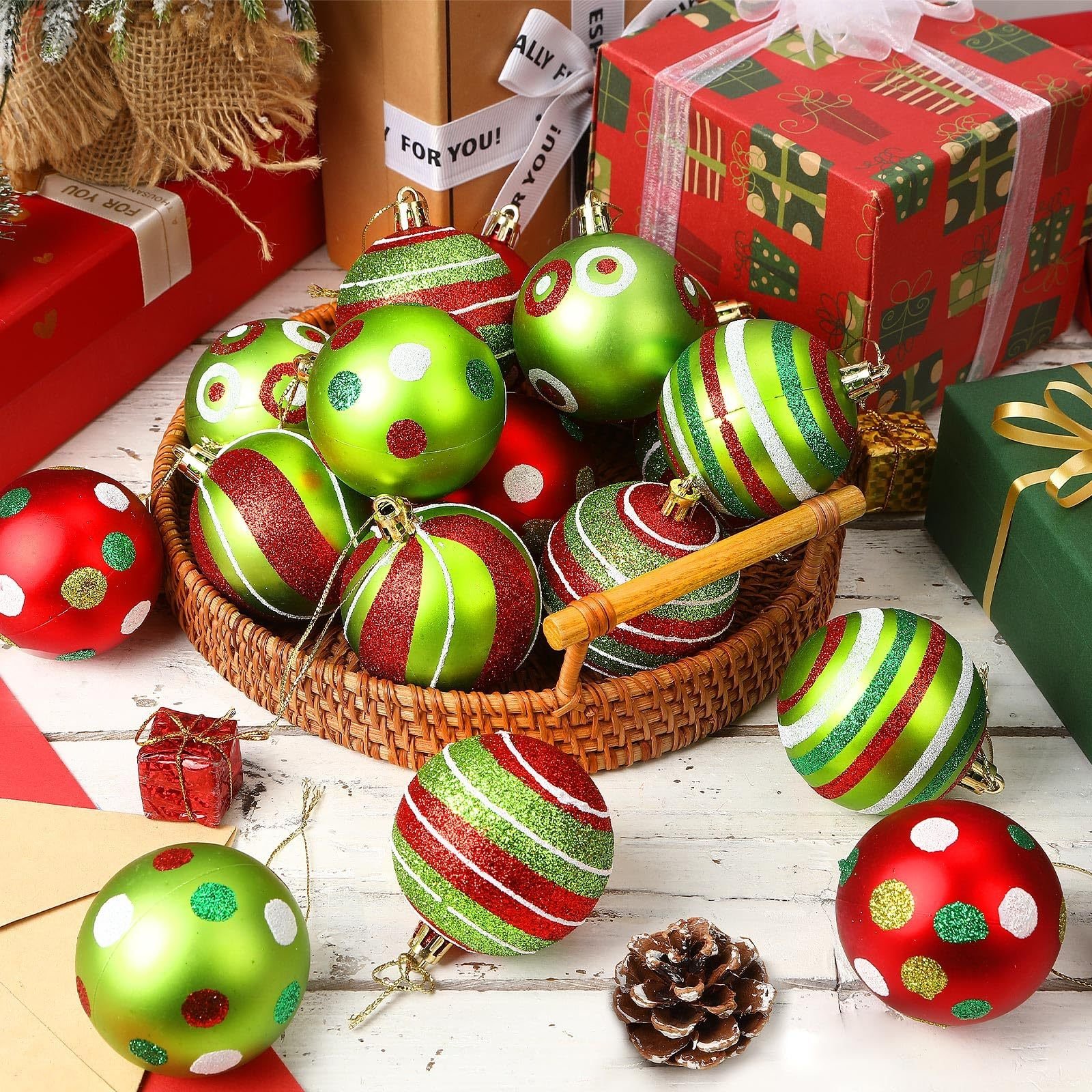 24PCS Christmas Ball Ornaments, Hanging Balls Red And Green Christmas Tree Pendants For Xmas Tree Home Decor Party Holiday Wedding Anniversary DIY Craft Decor Supplies - Image 7