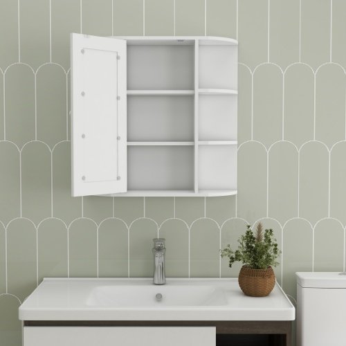 Wall-mounted Bathroom Cabinet With Mirrored Door, 6 Open Shelves, 3 Adjustable Bathroom Shelves Living Room Laundry Room Bedroom - White - Image 4