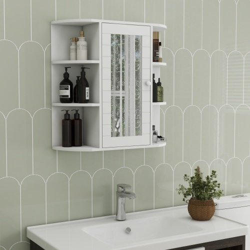 Wall-mounted Bathroom Cabinet With Mirrored Door, 6 Open Shelves, 3 Adjustable Bathroom Shelves Living Room Laundry Room Bedroom - White - Image 5